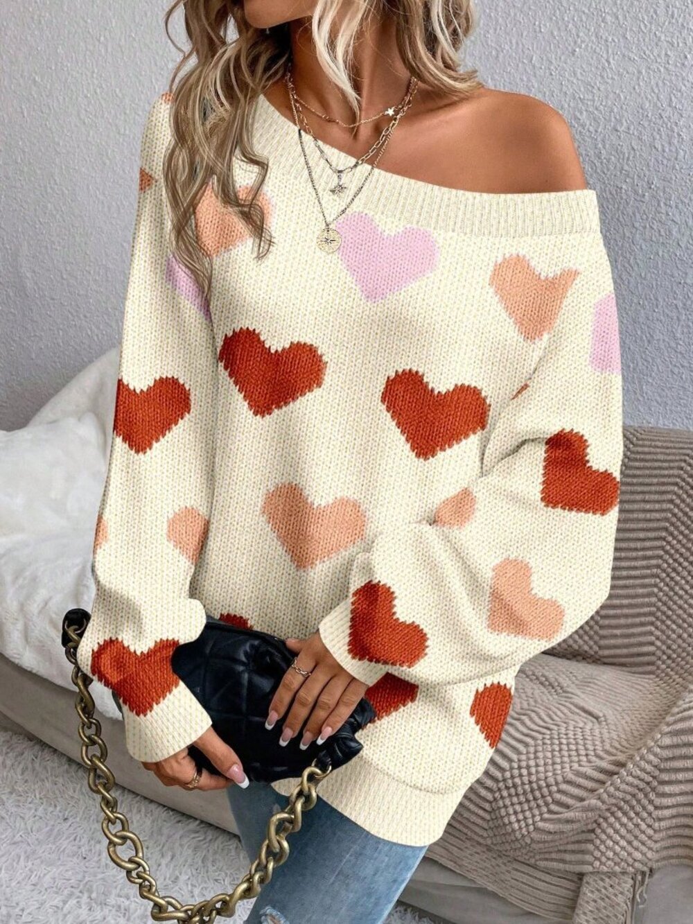 Multicolor Casual Women's Off-Shoulder Sweater